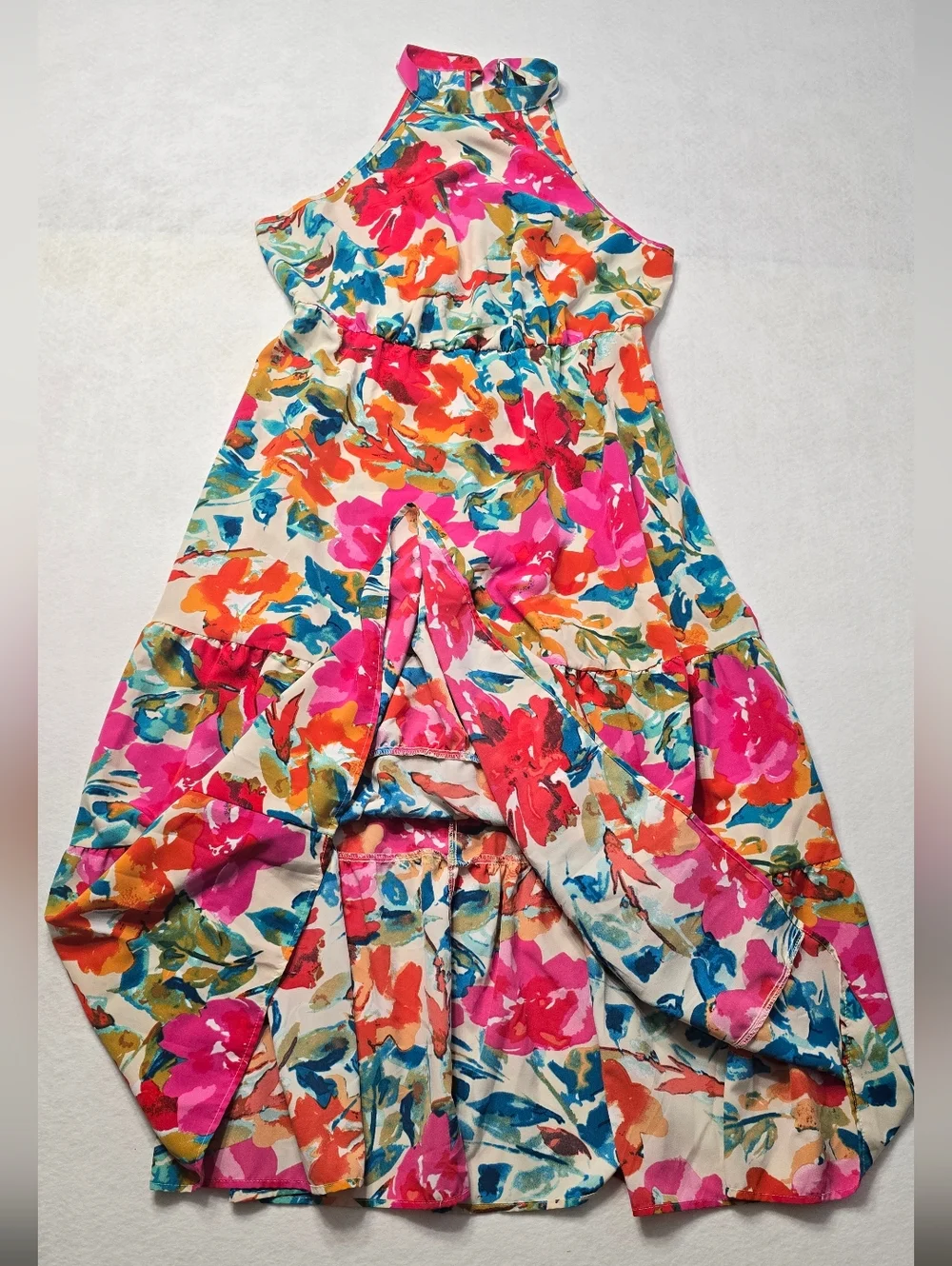 SHEIN Floral Halter Maxi Dress in Pink, Orange & Blue 1XL